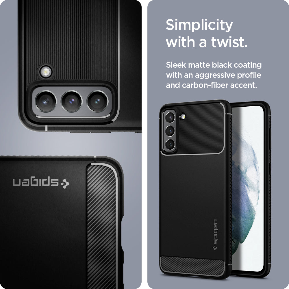 ACS02421 - Galaxy S21 Rugged Armor Case in matte black simplicity with a twist. Sleek matte black coating with an aggressive profile and carbon fiber accent.