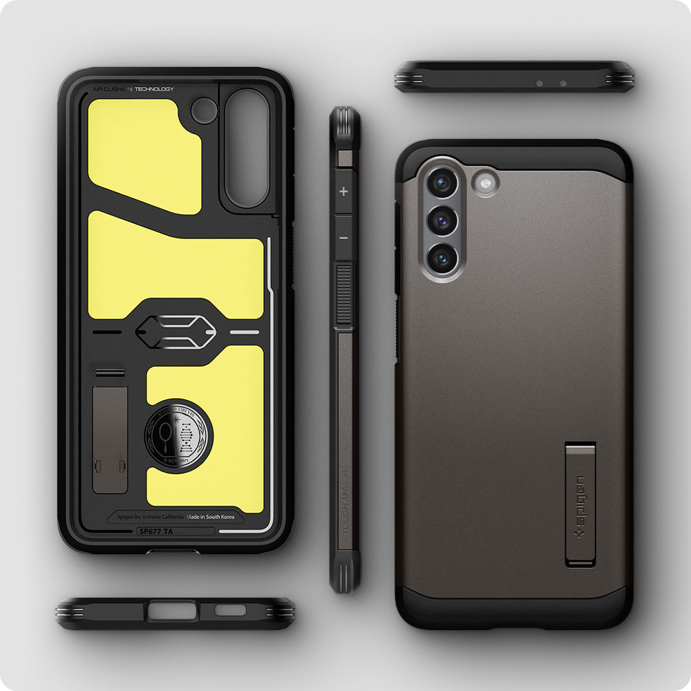 ACS02426 - Galaxy S21 Tough Armor Case in gunmetal showing back and front of phone case.
