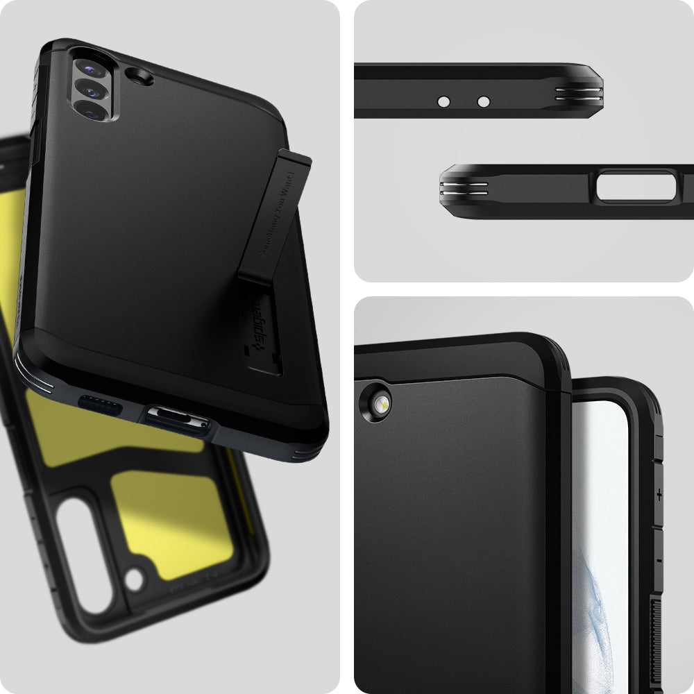 ACS02390 - Galaxy S21 Plus Tough Armor Case in black showing back and front of phone case.