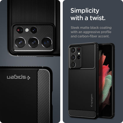 ACS02349 - Galaxy S21 Ultra Rugged Armor Case in matte black simplicity with a twist. Sleek matte black coating with an aggressive profile and carbon fiber accent.