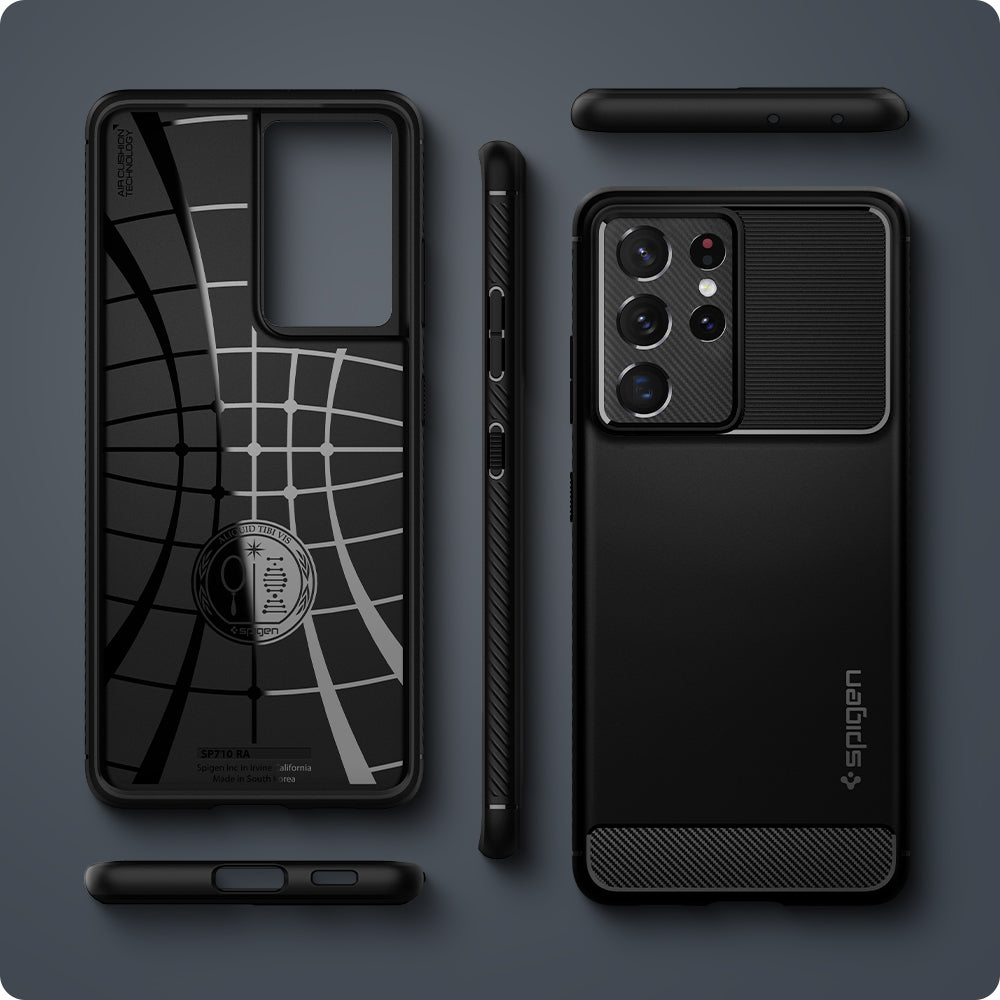 ACS02349 - Galaxy S21 Ultra Rugged Armor Case in matte black showing front, back, side, top and bottom.