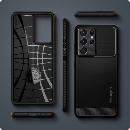 ACS02349 - Galaxy S21 Ultra Rugged Armor Case in matte black showing front, back, side, top and bottom.