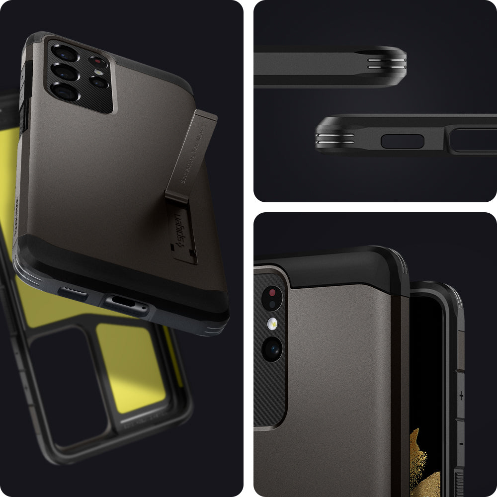 ACS02355 - Galaxy S21 Ultra Tough Armor Case in gunmetal showing back and front of phone case.