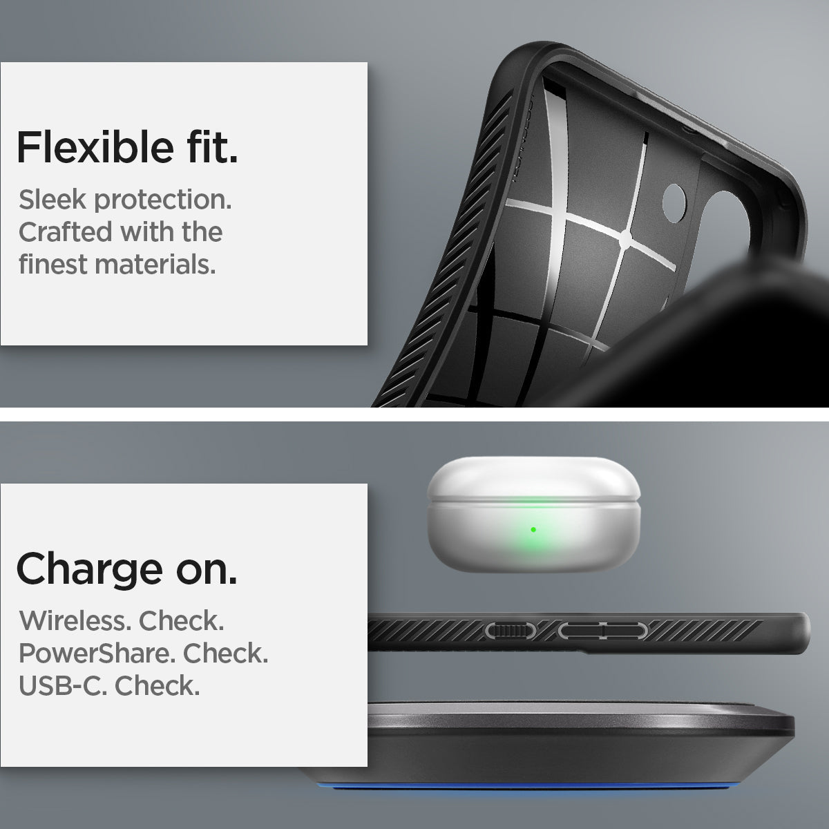 ACS03987 - Galaxy S22 5G Case Liquid Air in black showing the flexible fit. Sleek protection. Crafted with the finest materials. Charge on. Wireless, PowerShare and USB- C all check