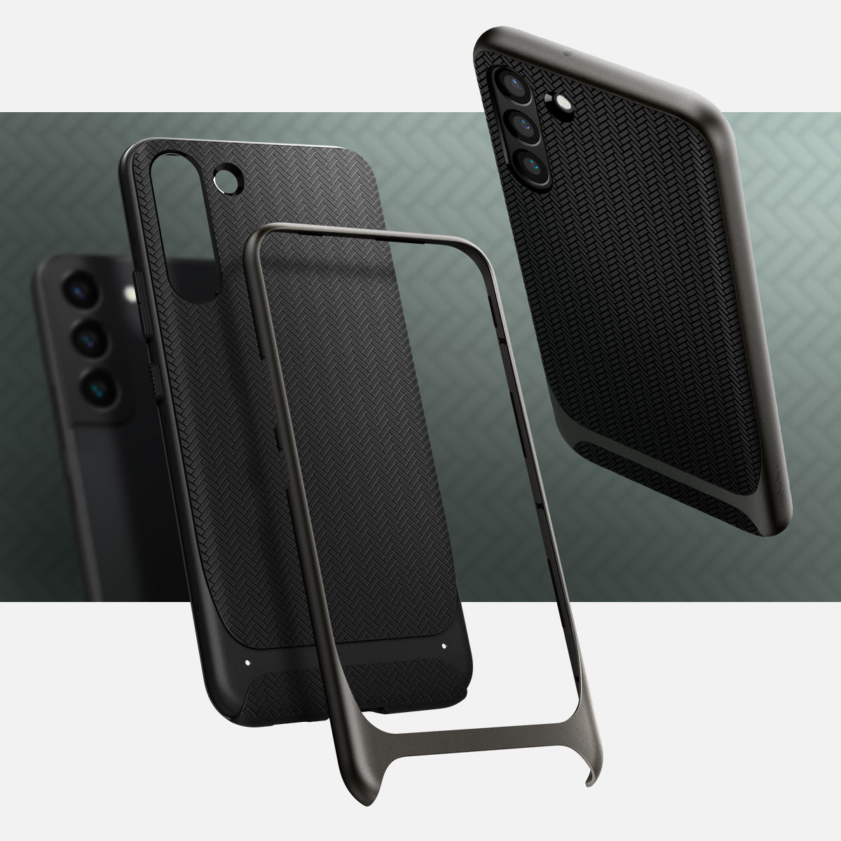 ACS03993 - Galaxy S22 5G Case Neo Hybrid in gunmetal showing front and back with the case.