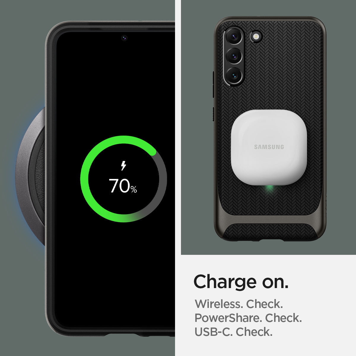 ACS03993 - Galaxy S22 5G Case Neo Hybrid in gunmetal charge on. wireless check. powershare check. USB-C check.