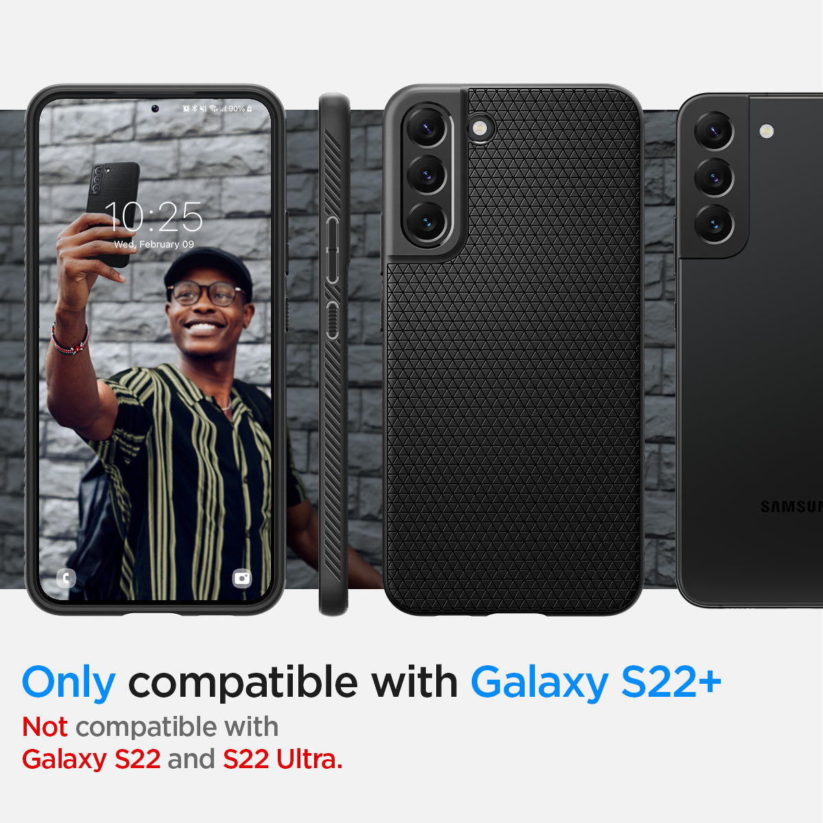 ACS03953 - Galaxy S22 Plus 5G Case Liquid Air in black showing the compatibility only with Galaxy S22+. Not compatible with Galaxy S22 and S22 Ultra