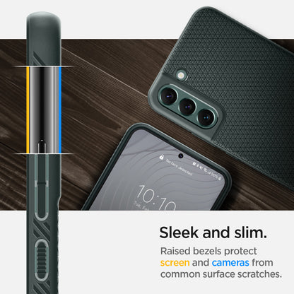 ACS04521 - Galaxy S22 Plus 5G Case Liquid Air in abyss green showing the sleek and slim. Raised bezels protect screen and cameras from common surface scratches