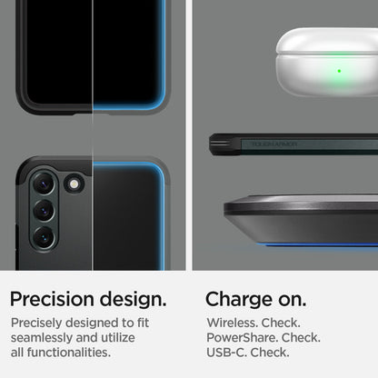 ACS04522 - Galaxy S22 Plus 5G Case Tough Armor in abyss green precision design. Precisely designed to fit seamlessly and utilize all functionalities. Charge on. Wireless check. Powershare check. USB-C check.