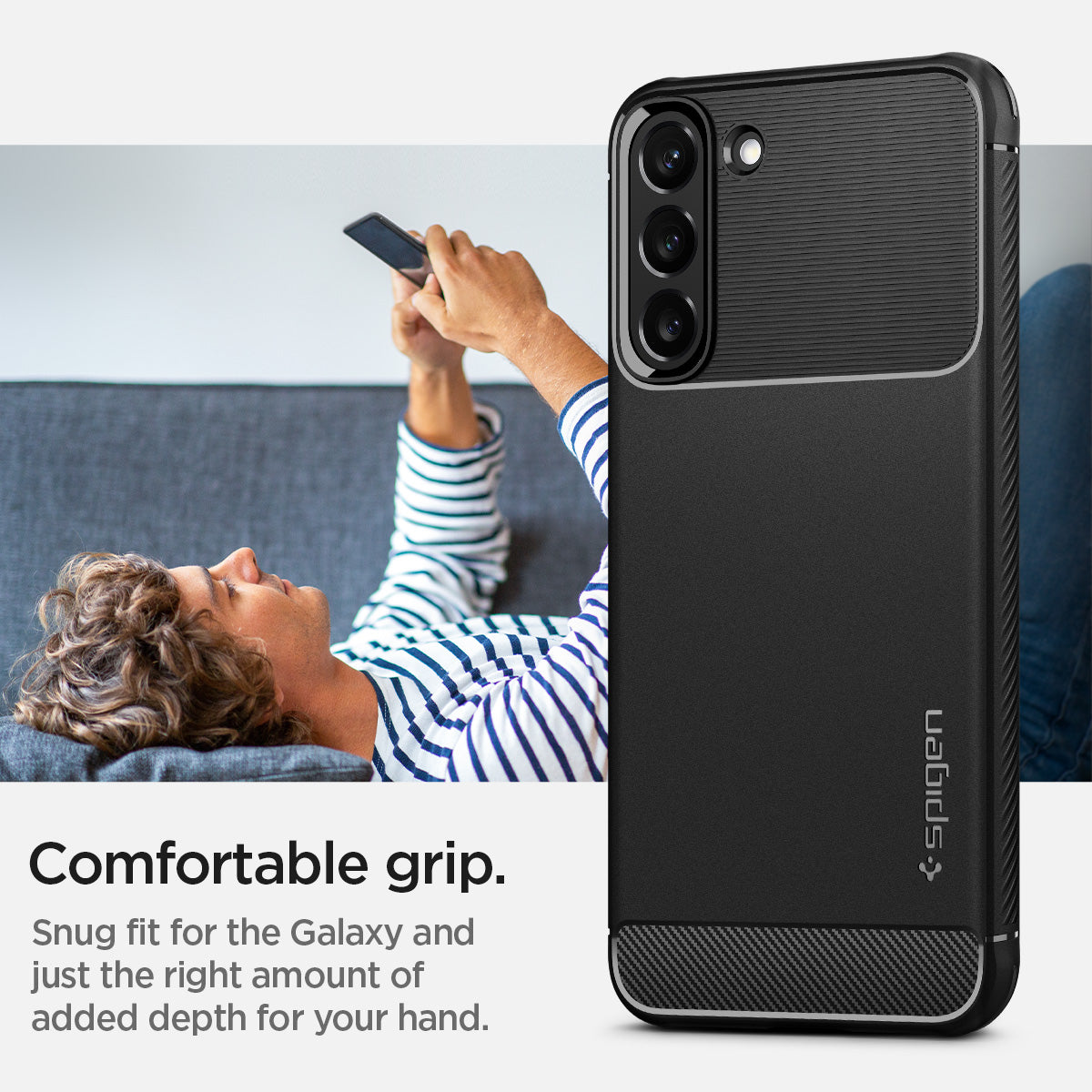 ACS03986 - Galaxy S22 5G Case Rugged Armor in black comfortable grip. Snug fit for the galaxy and just the right amount of added depth for your hand.