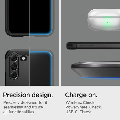 ACS03991 - Galaxy S22 5G Case Tough Armor in black precision design. Precisely designed to fit seamlessly and utilize all functionalities. Charge on. Wireless check. Powershare check. USB-C check.