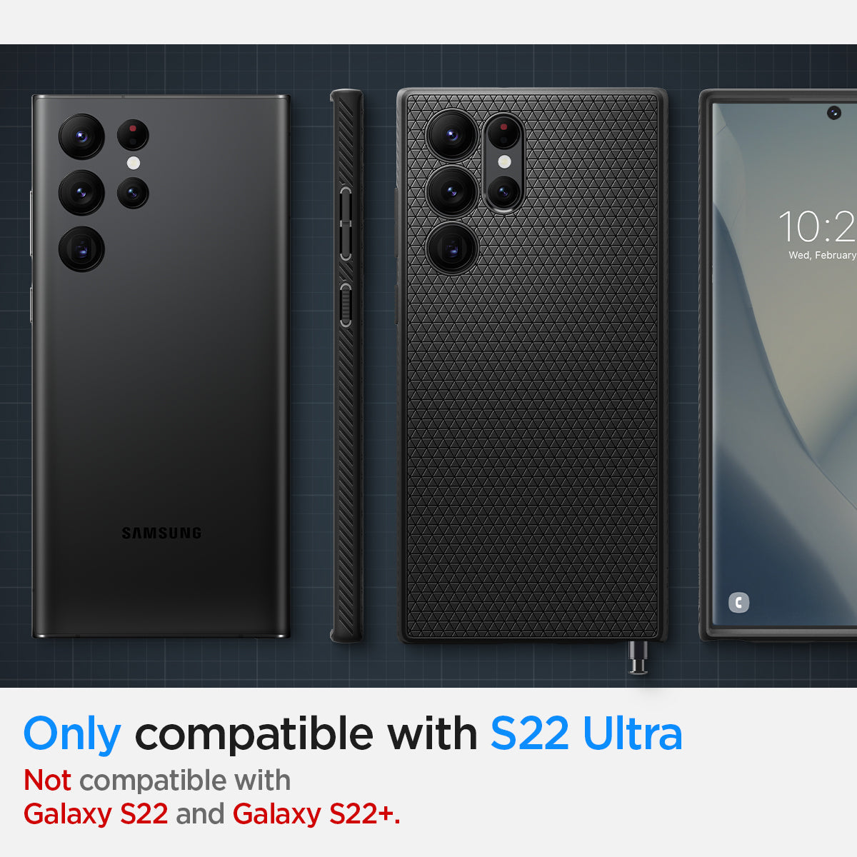ACS03915 - Galaxy S22 Ultra 5G Case Liquid Air in black showing the compatibility only with S22 Ultra. Not compatible with Galaxy S22 and Galaxy S22+