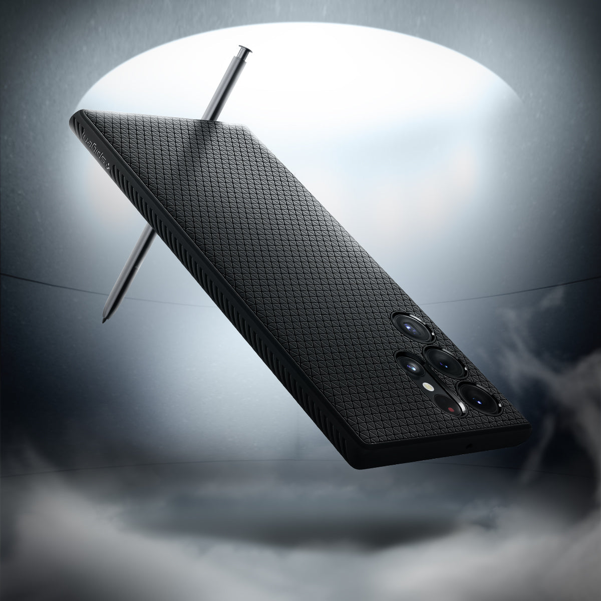 ACS03915 - Galaxy S22 Ultra 5G Case Liquid Air in black showing the back, partial side and bottom with S Pen hovering at the top