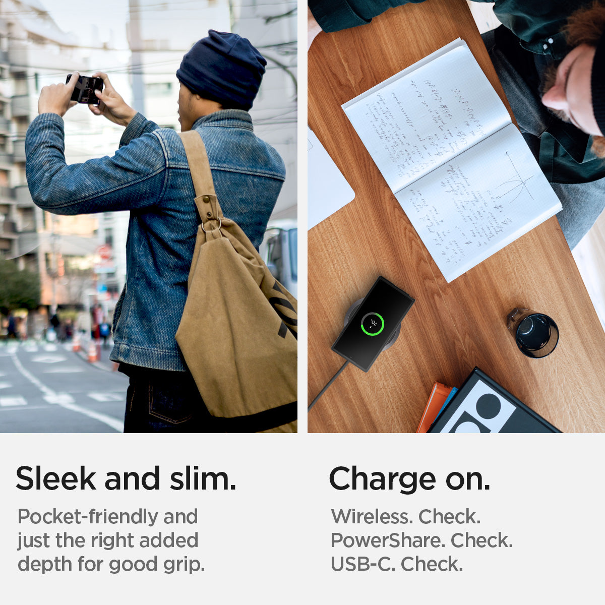 ACS03925 - Galaxy S22 Ultra 5G Case Neo Hybrid in black sleek and slim. Pocket friendly and just the right added depth for good grip. charge on. wireless. check. power share check. USB-C check.