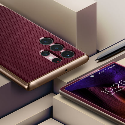 ACS04382 - Galaxy S22 Ultra 5G Case Neo Hybrid in burgundy showing front and back with the pen.