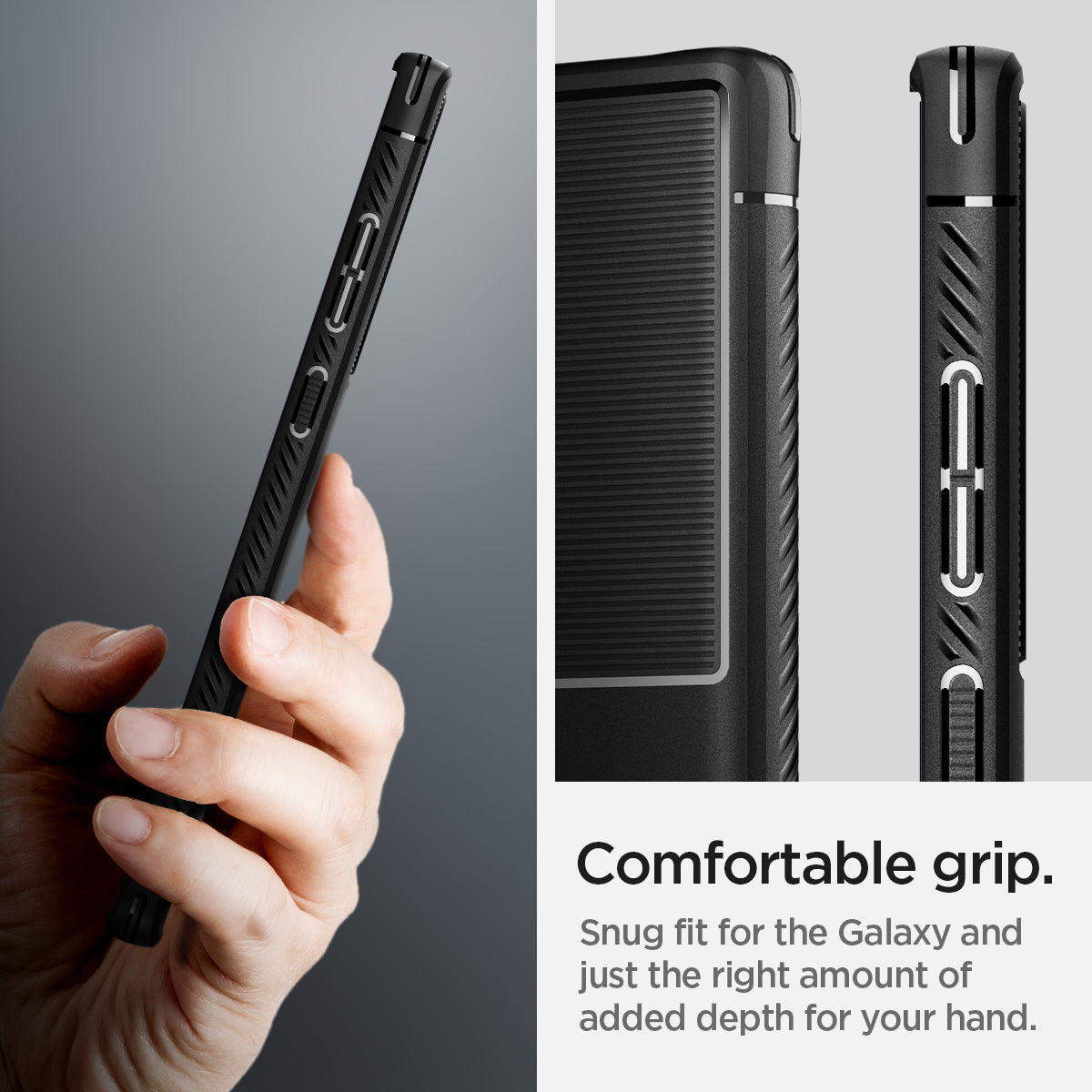 ACS03914 - Galaxy S22 Ultra 5G Case Rugged Armor in black comfortable grip. Snug fit for the galaxy and just the right amount of added depth for your hand.