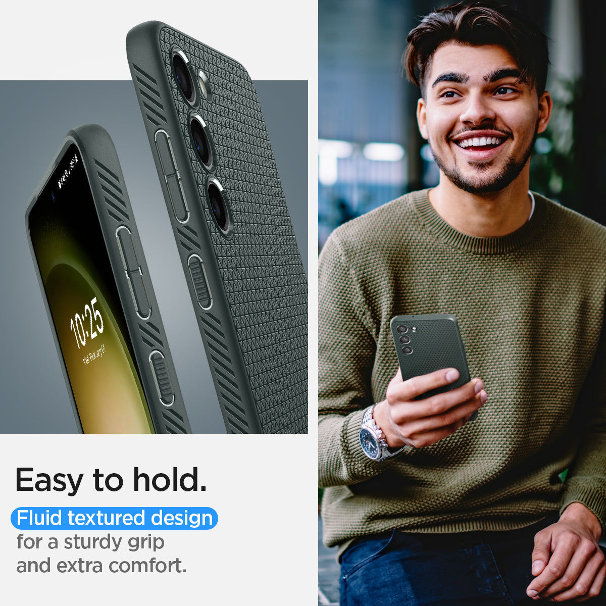 ACS05713 - Galaxy S23 Case Liquid Air in abyss green showing the easy to hold. Fluid textured design for a sturdy grip and extra comfort