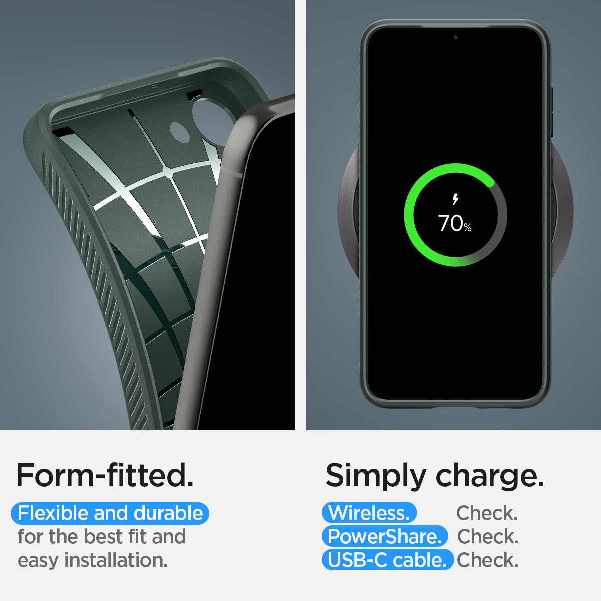ACS05713 - Galaxy S23 Case Liquid Air in abyss green showing the form-fitted. Flexible and durable for the best fit and easy installation. Simply charge with wireless, PowerShare and USB- C all check