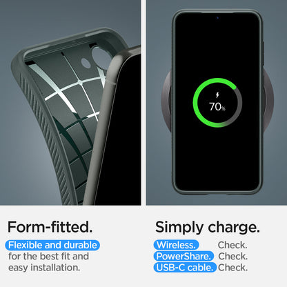 ACS05713 - Galaxy S23 Case Liquid Air in abyss green showing the form-fitted. Flexible and durable for the best fit and easy installation. Simply charge with wireless, PowerShare and USB- C all check