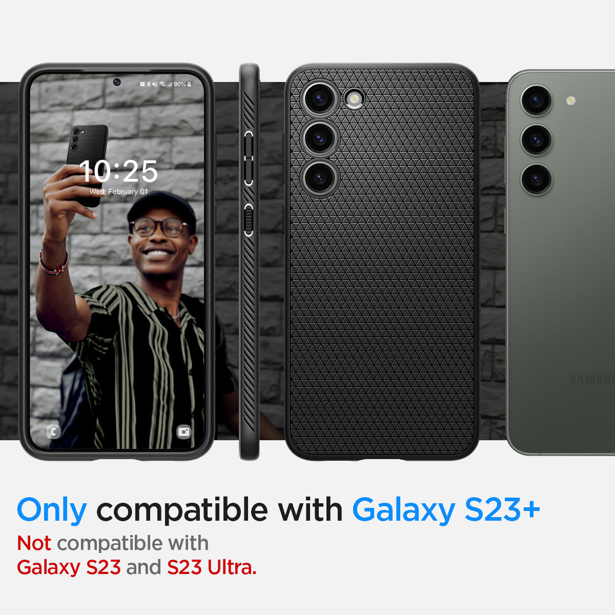 ACS05666 - Galaxy S23 Plus Case Liquid Air in matte black showing the compatibility only with Galaxy S23+. Not compatible with Galaxy S23 and Galaxy S23 Ultra