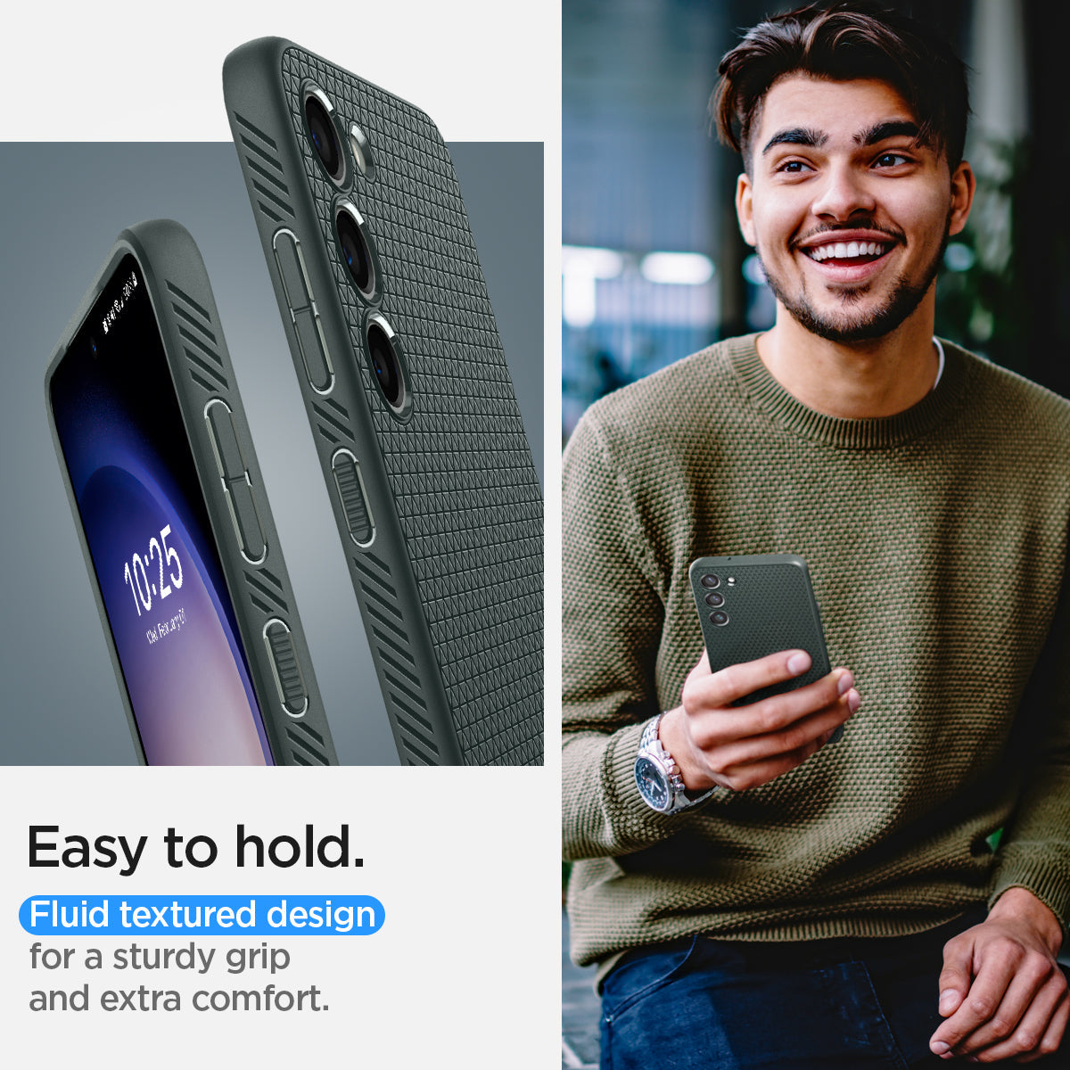 ACS05666 - Galaxy S23 Plus Case Liquid Air in matte black showing the easy to hold. Fluid textured design for a sturdy grip and extra comfort
