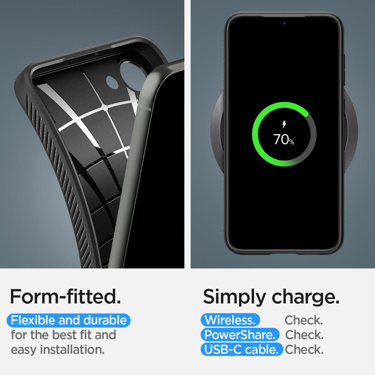 ACS05666 - Galaxy S23 Plus Case Liquid Air in matte black showing the form-fitted. Flexible and durable for the best fit and easy installation. Simply charge with wireless, PowerShare and USB- C all check