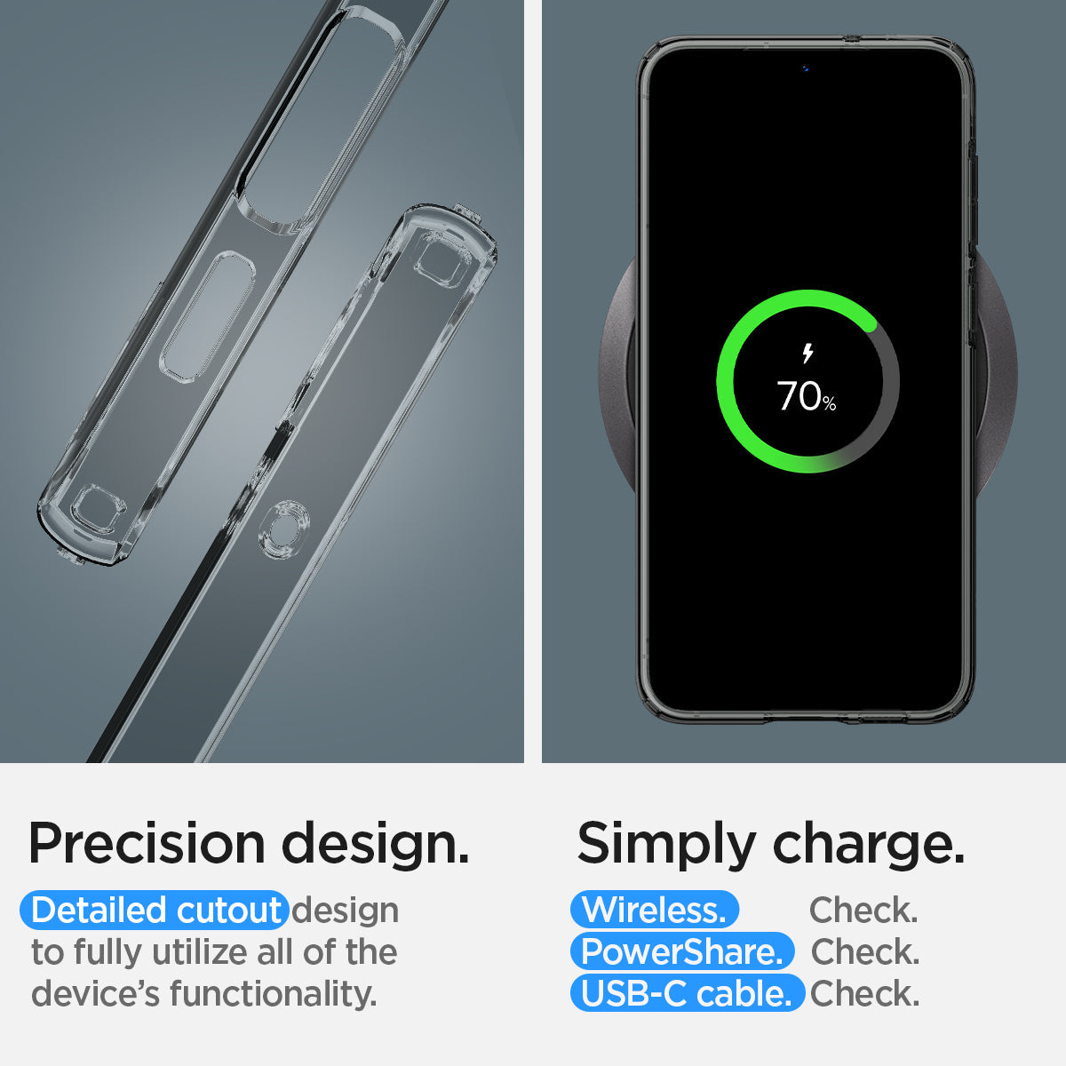 ACS05663 - Galaxy S23 Plus Case Liquid Crystal in space crystal precision design. Detail cutout design to fully utilize all of the device's functionality. Simply charge wireless check. power share check. USB-C cable check.