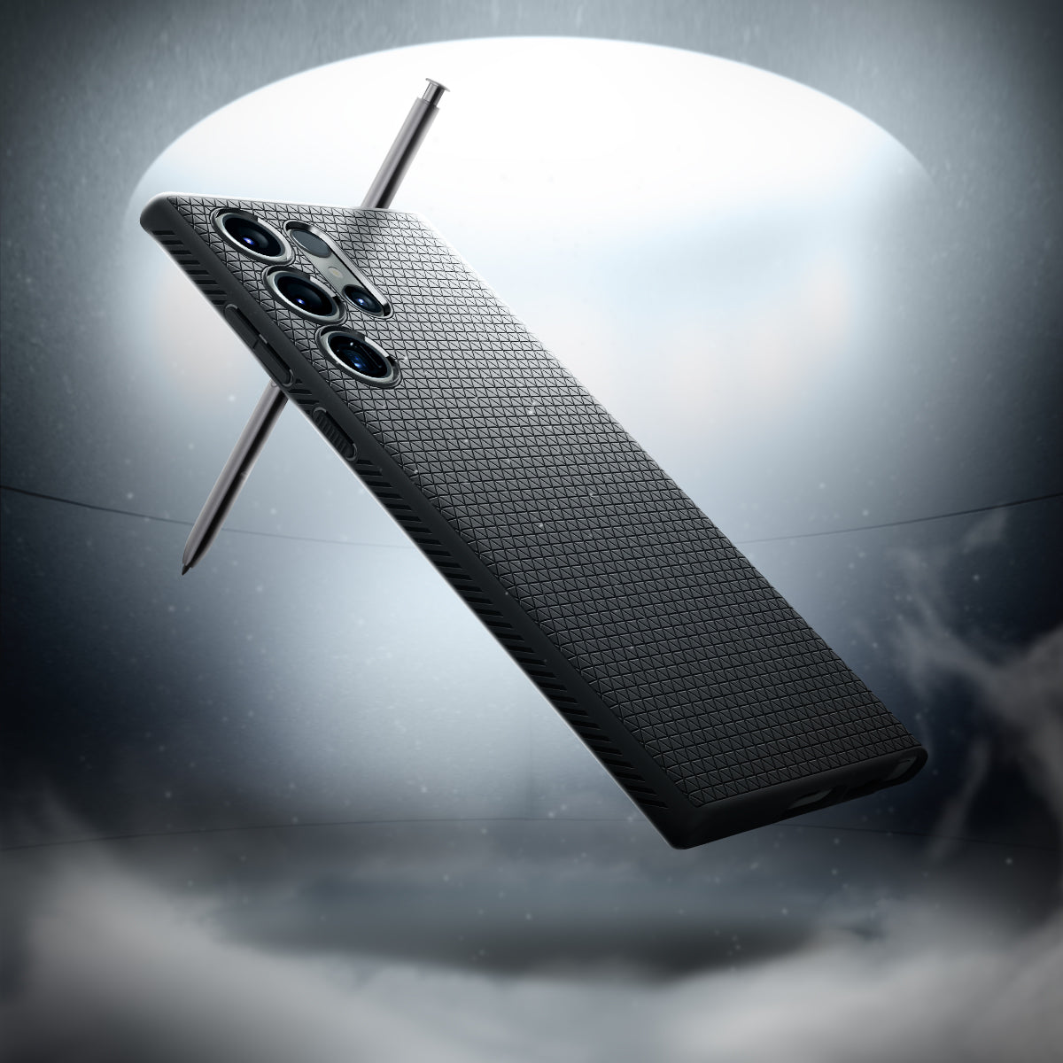 ACS05614 - Galaxy S23 Ultra Case Liquid Air in matte black showing the back, partial side and bottom with S Pen hovering in front of the case