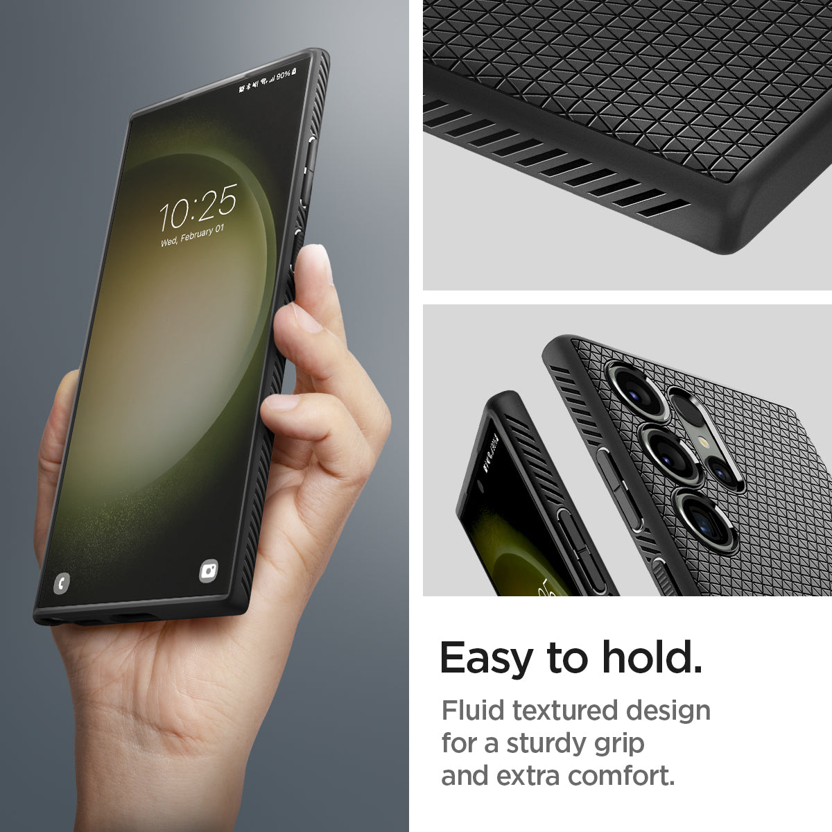 ACS05614 - Galaxy S23 Ultra Case Liquid Air in matte black showing the easy to hold. Fluid textured design for a sturdy grip and extra comfort