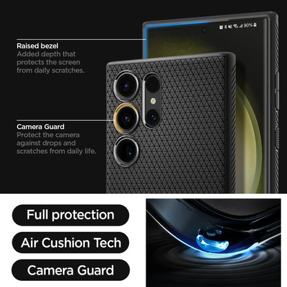 ACS05614 - Galaxy S23 Ultra Case Liquid Air in matte black showing the full protection, air cushion tech and camera guard. Raised bezel-added depth that protects the screen from daily scratches