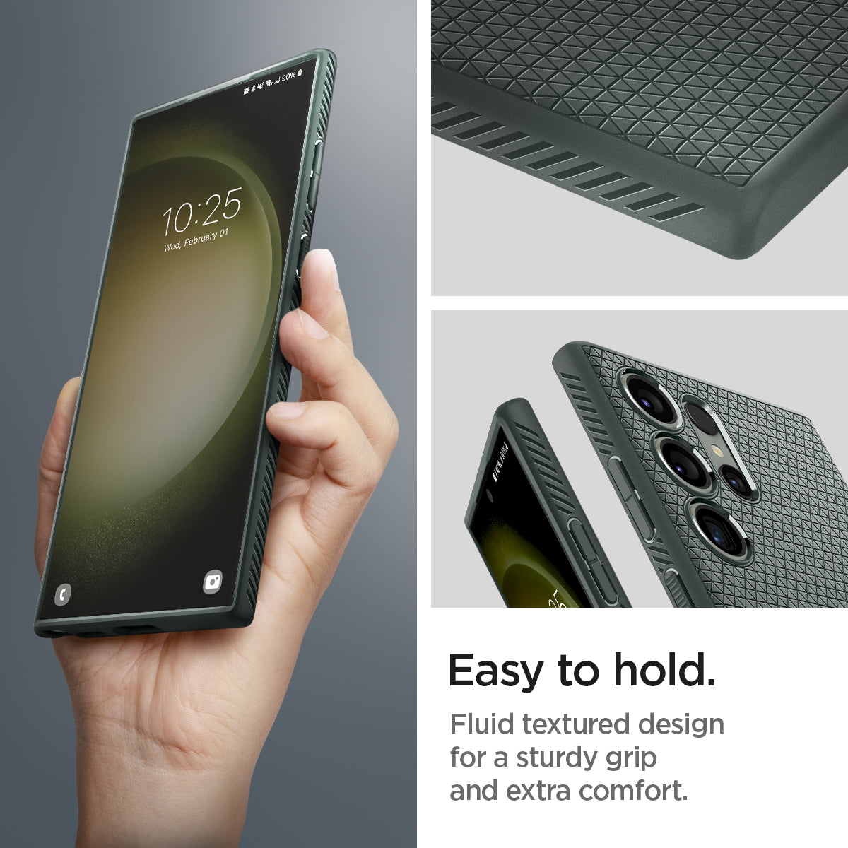 ACS05615 - Galaxy S23 Ultra Case Liquid Air in abyss green showing the easy to hold. Fluid textured design for a sturdy grip and extra comfort