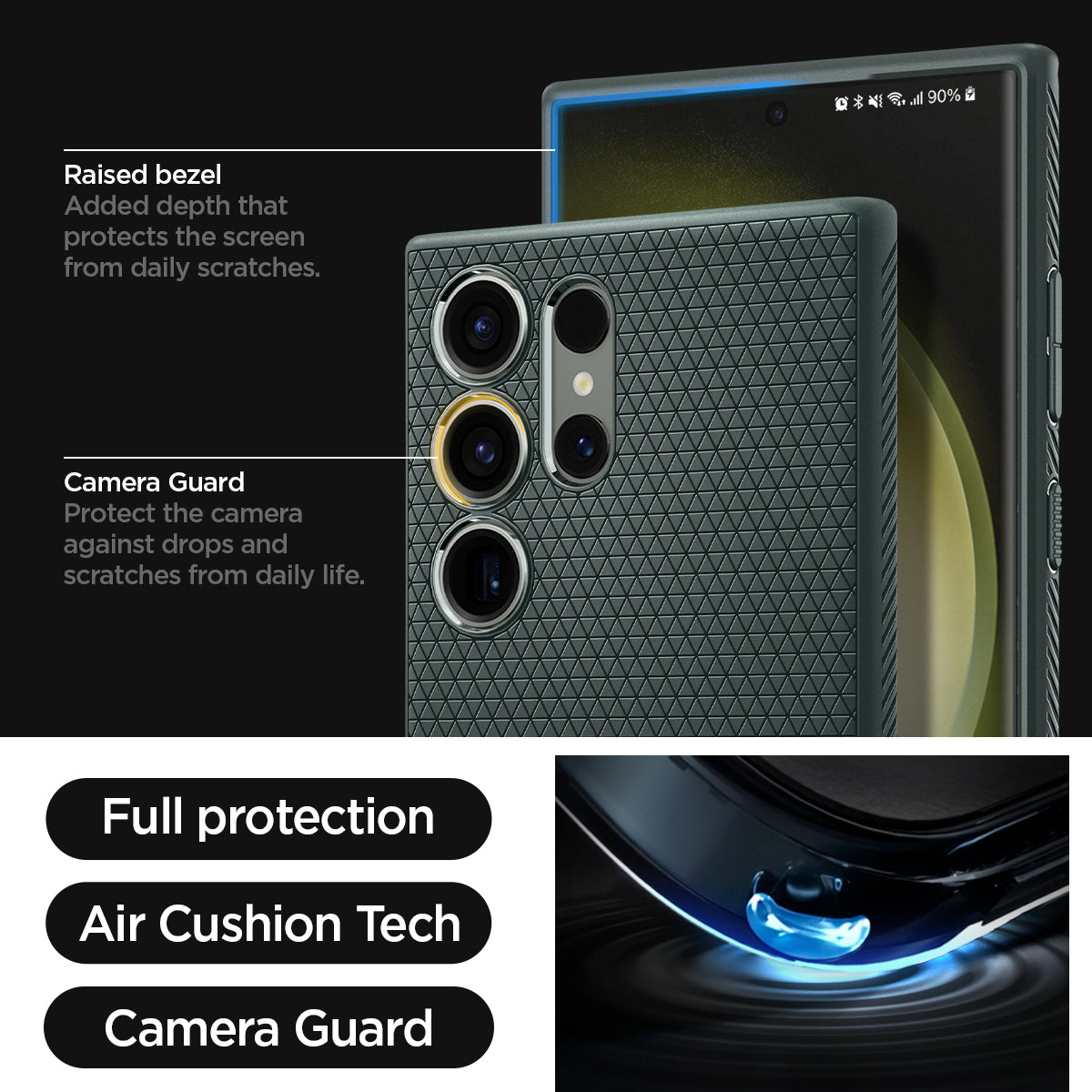 ACS05615 - Galaxy S23 Ultra Case Liquid Air in abyss green showing the full protection, air cushion tech and camera guard. Raised bezel-added depth that protects the screen from daily scratches