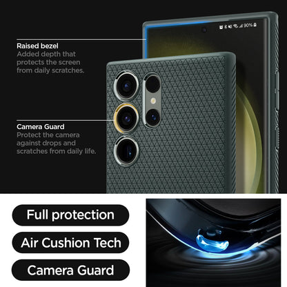 ACS05615 - Galaxy S23 Ultra Case Liquid Air in abyss green showing the full protection, air cushion tech and camera guard. Raised bezel-added depth that protects the screen from daily scratches