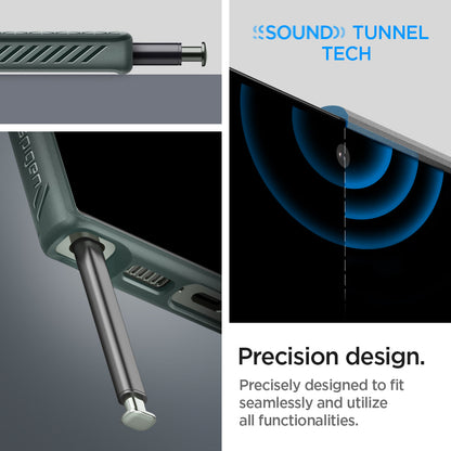 ACS05615 - Galaxy S23 Ultra Case Liquid Air in abyss green showing the precision design. Precisely designed to fit seamlessly and utilize all functionalities with sound tunnel tech