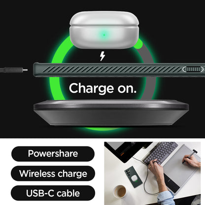 ACS05615 - Galaxy S23 Ultra Case Liquid Air in abyss green showing charge on with Powershare, wireless charge and USB-C cable