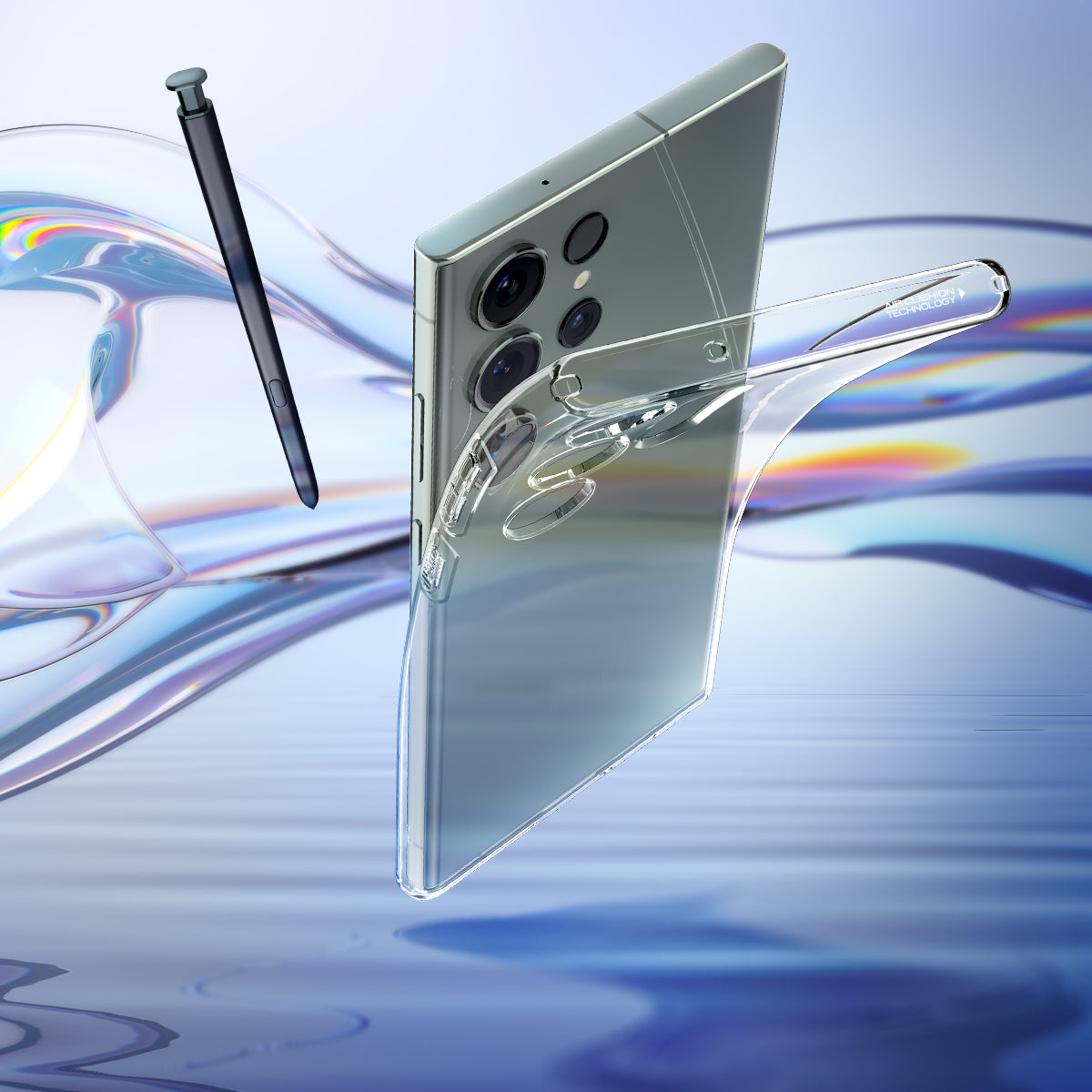 ACS05610 - Galaxy S23 Ultra Case Liquid Crystal in crystal clear showing clear back with a pen.