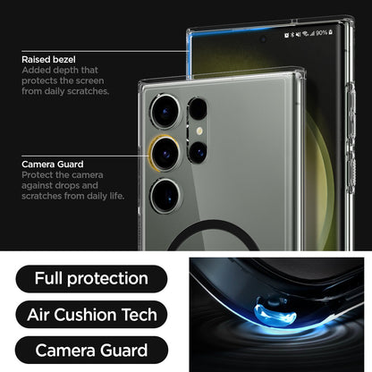 ACS05621 - Galaxy S23 Ultra Case Ultra Hybrid One Tap Ring in black raised bezel added depth that protects the screen from daily scratches. camera guard protect the camera against drops and scratches from daily life. full protection. air cushion tech. camera guard.