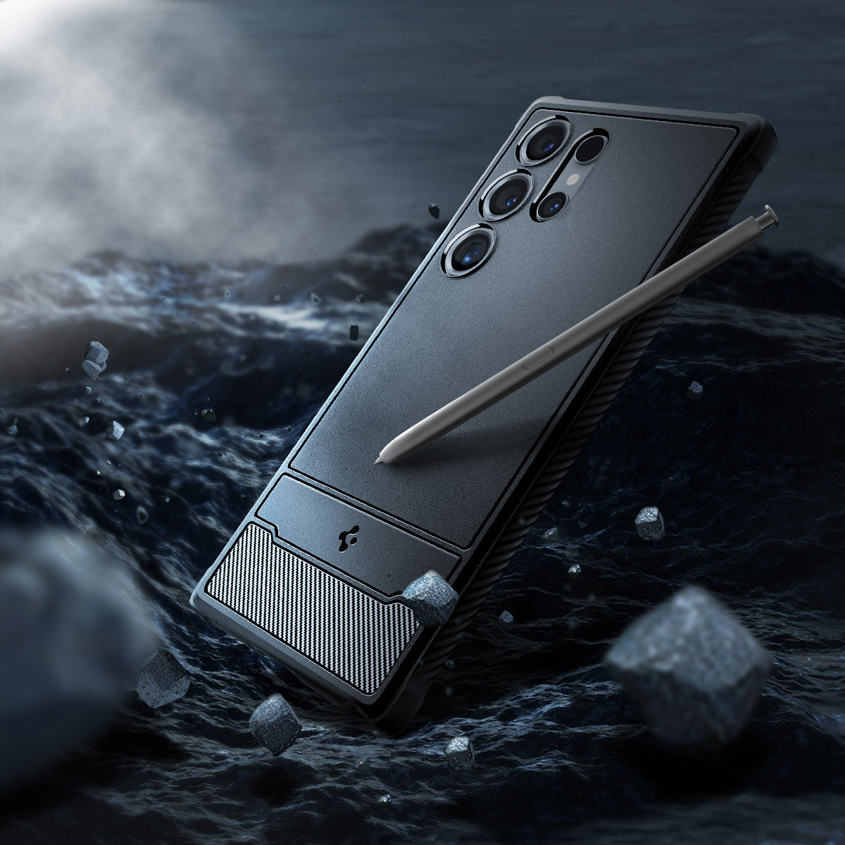 ACS07286 - Galaxy S24 Ultra Case Rugged Armor in Matte Black showing the back, partial side with s-pen