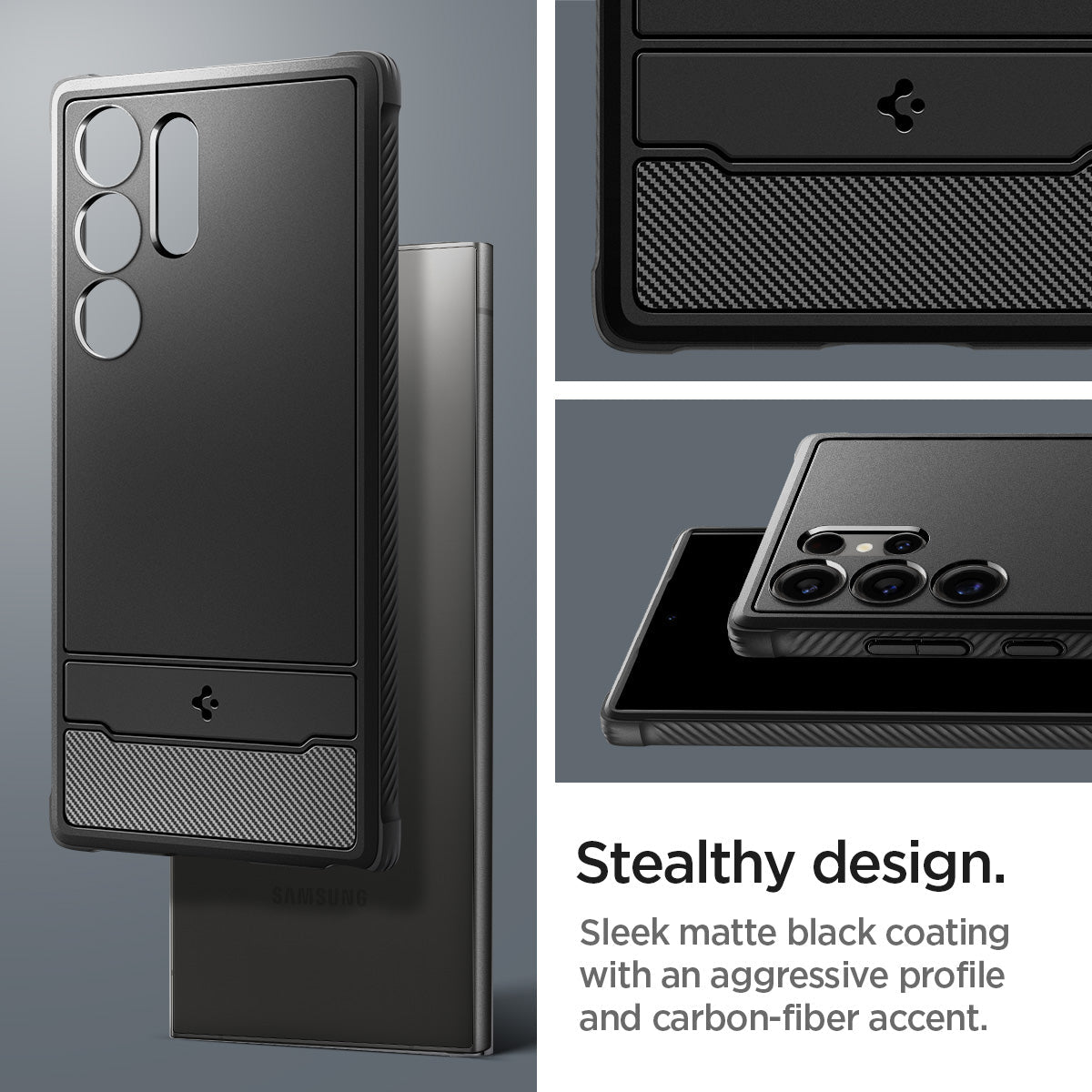 ACS07286 - Galaxy S24 Ultra Case Rugged Armor in Matte Black showing the stealthy design. Sleek matte black coating with an aggressive profile and carbon-fiber accent
