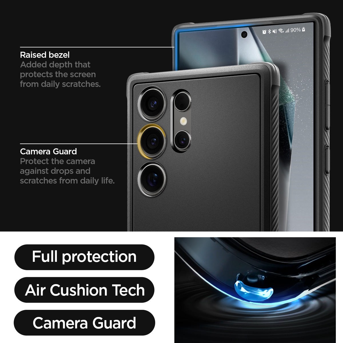 ACS07286 - Galaxy S24 Ultra Case Rugged Armor in Matte Black showing the full protection, air cushion tech and camera guard. Raised bezel - added depth that protects the screen from daily scratches