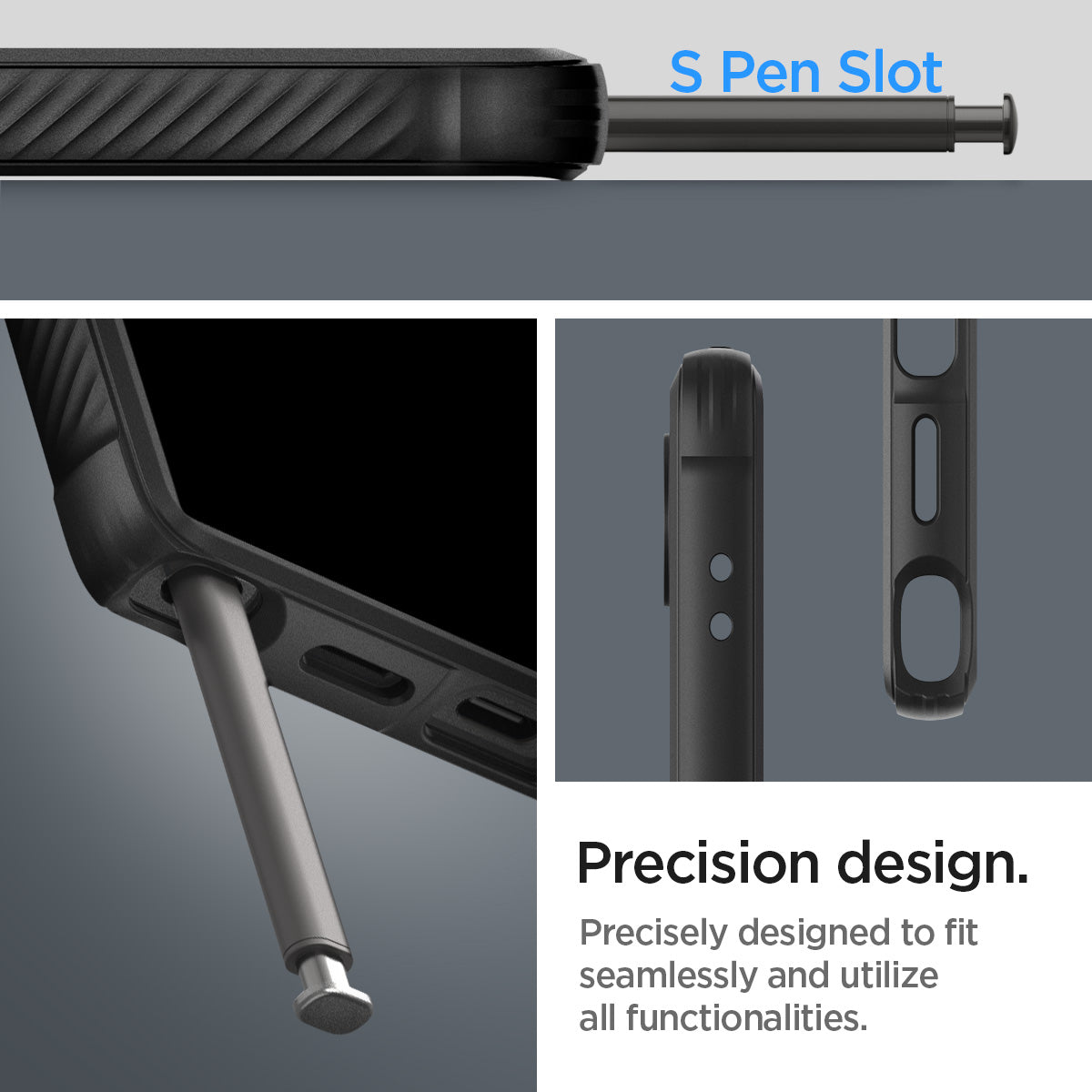 ACS07286 - Galaxy S24 Ultra Case Rugged Armor in Matte Black showing the S Pen Slot. Precisely designed to fi seamlessly and utilize all functionalities