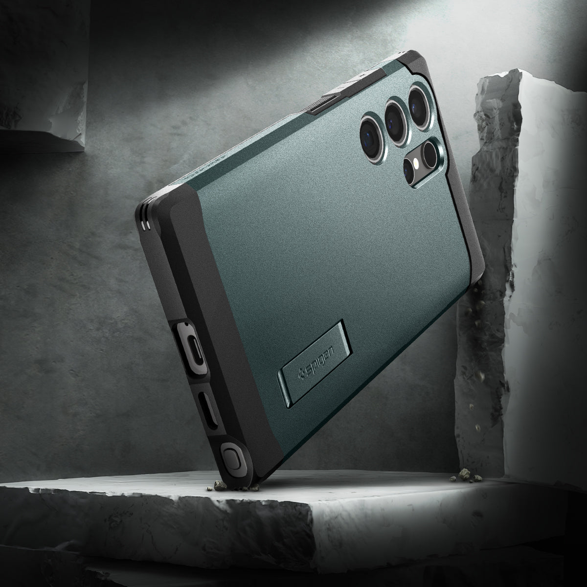 ACS07302 - Galaxy S24 Ultra Case Tough Armor in Abyss Green showing the back, partial side and bottom