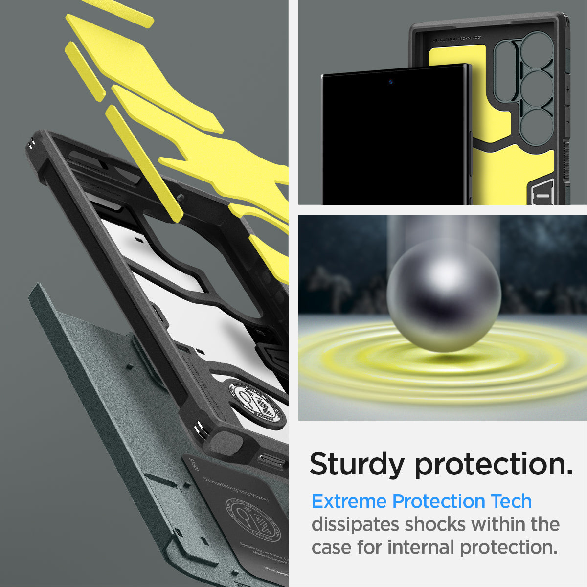 ACS07302 - Galaxy S24 Ultra Case Tough Armor in Abyss Green showing the sturdy protection. Extreme Protection Tech, dissipates shocks within the case for internal protection