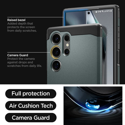 ACS07302 - Galaxy S24 Ultra Case Tough Armor in Abyss Green showing the full protection, air cushion tech and camera guard. Raised bezel-added depth that protects the screen from daily scratches