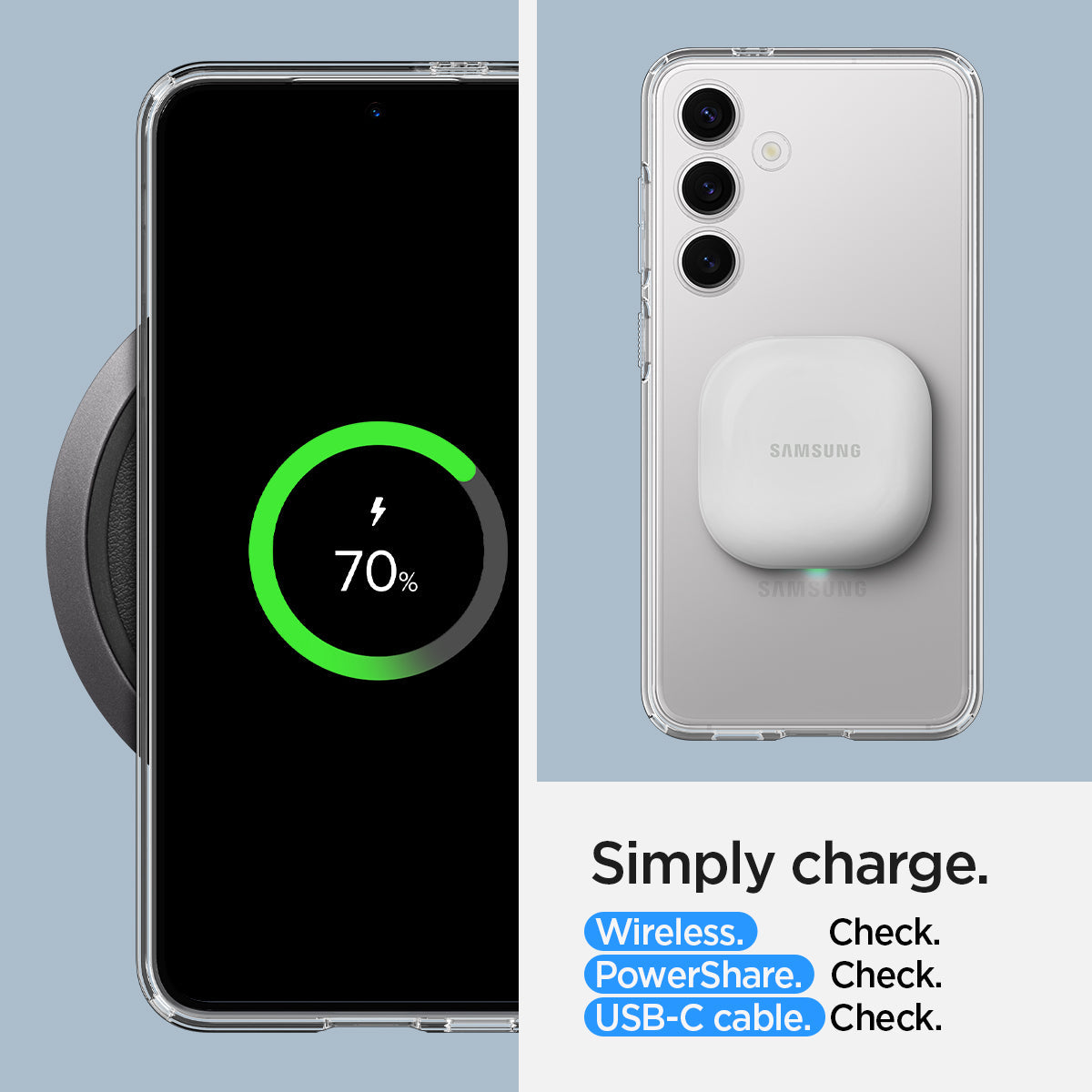ACS07329 - Galaxy S24 Plus Case Ultra Hybrid in Crystal Clear Simply charge wireless check. power share check. USB-C cable check.