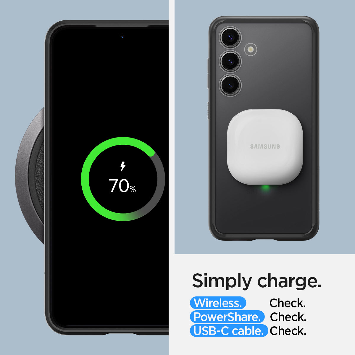 ACS07331 - Galaxy S24 Plus Case Ultra Hybrid in Frost Black Simply charge wireless check. power share check. USB-C cable check.