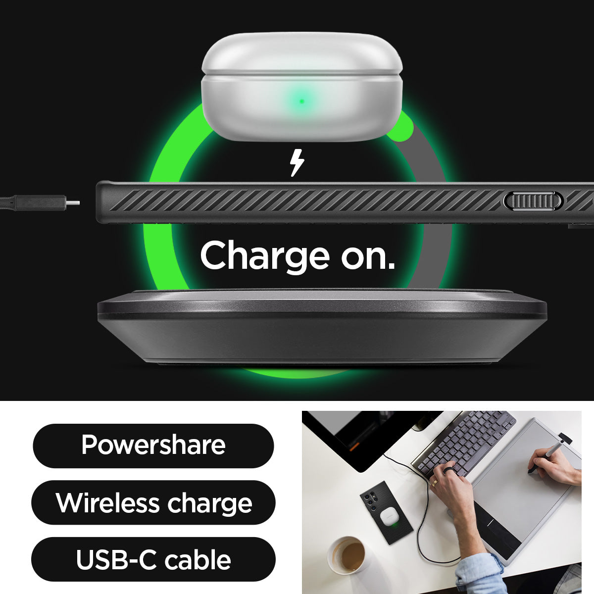 ACS07287 - Galaxy S24 Ultra Case Liquid Air in Matte Black charge on. powershare. wireless charge. USB-C cable.