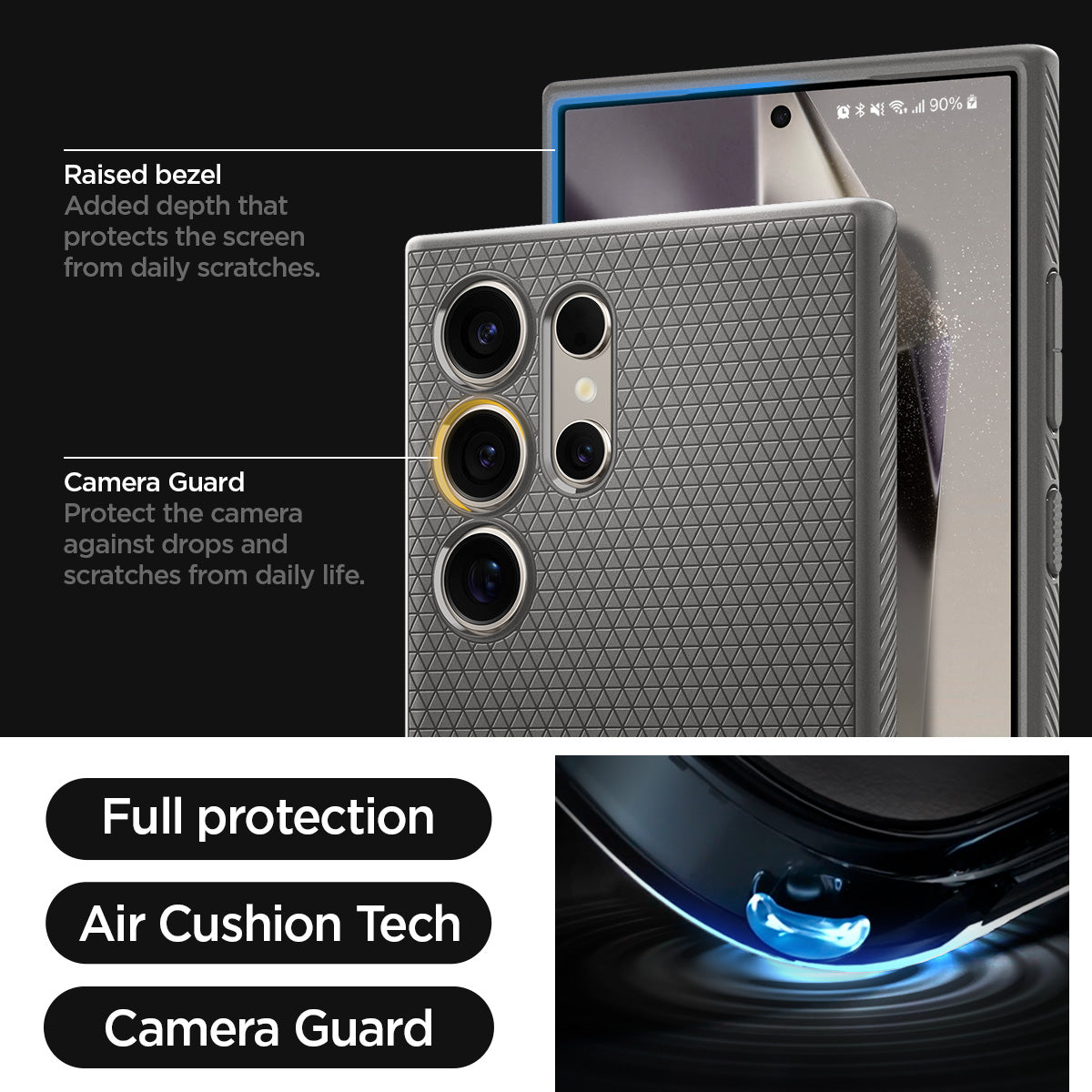 ACS07448 - Galaxy S24 Ultra Case Liquid Air in Granite Gray raised bezel added depth that protects the screen from daily scratches. camera guard protect the camera against drops and scratches from daily life. full protection. air cushion tech. camera guard.