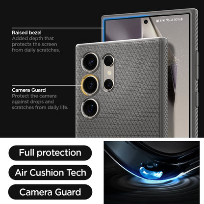 ACS07448 - Galaxy S24 Ultra Case Liquid Air in Granite Gray raised bezel added depth that protects the screen from daily scratches. camera guard protect the camera against drops and scratches from daily life. full protection. air cushion tech. camera guard.