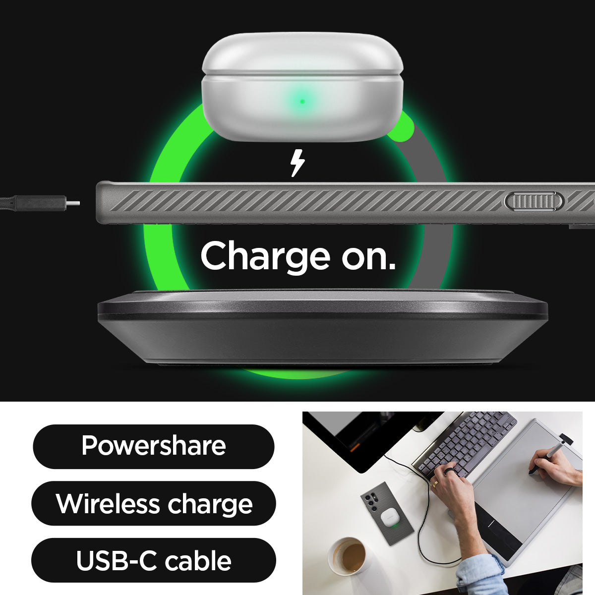ACS07448 - Galaxy S24 Ultra Case Liquid Air in Granite Gray charge on. powershare. wireless charge. USB-C cable.